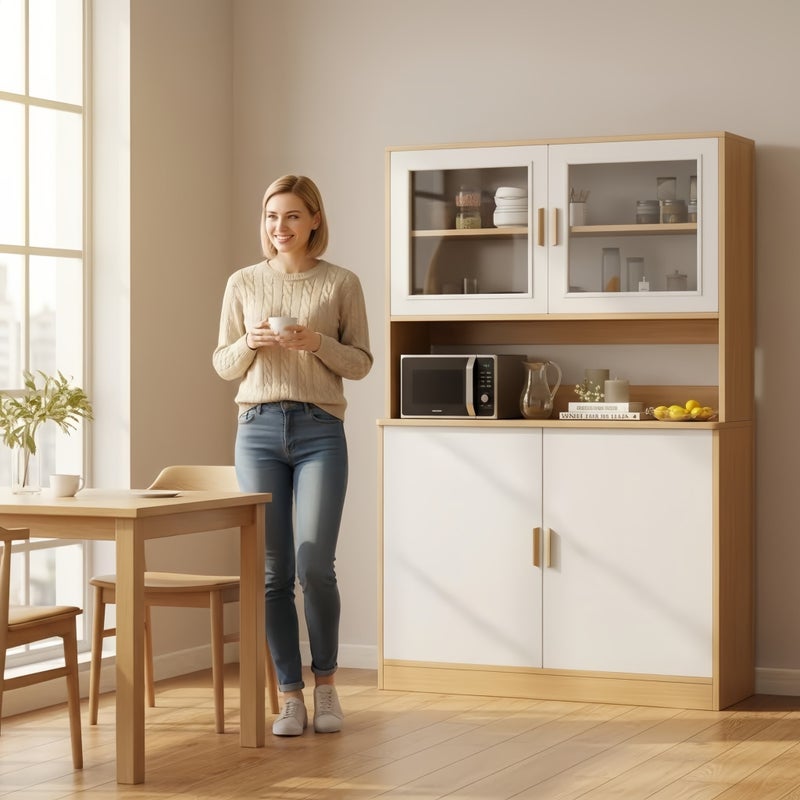 SHARPDO Modern 180cm Tall Kitchen Buffet Cabinet with Glass Doors, Open Microwave Shelf & Closed Storage, Freestanding Sideboard for Dining Room Living Room, 80x32x180CM - Image 3